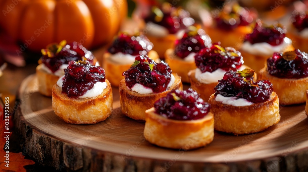Autumn Appetizers on Wooden Platter with Cream Cheese and Cranberry Sauce, Surrounded by Fall Decor and Pumpkins. Autumn Appetizers on Wooden Platter with Cream Cheese and Cranberry Sauce, Surrounded by Fall Decor and Pumpkins.