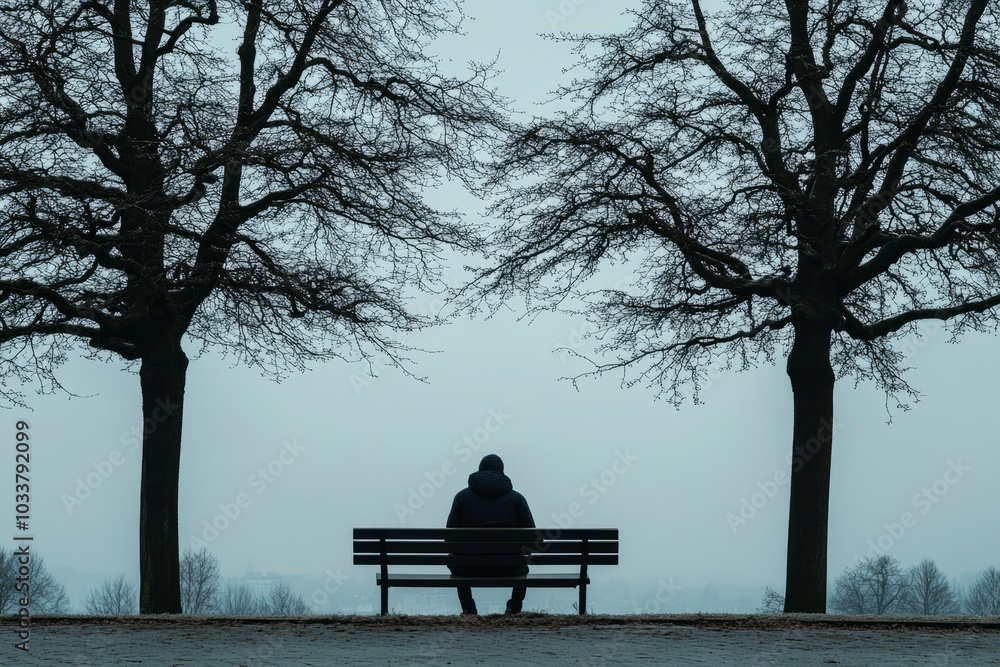 Solitary figure sitting on a park bench between two bare trees on a foggy day. Solitary figure sitting on a park bench between two bare trees on a foggy day.