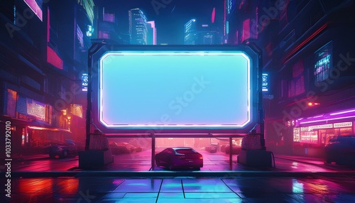 Leere Werbetafel auf dem Gebäude in einer Cyberpunk-Stadt. Neonlicht, dunkle regnerische Stimmung. Platz für Text und Bilder.