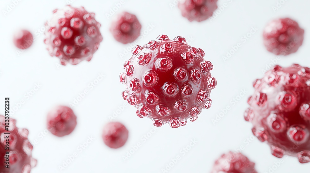 Close-up view of red virus particles, portraying intricate details and structure for educational or medical use. Close-up view of red virus particles, portraying intricate details and structure for educational or medical use.