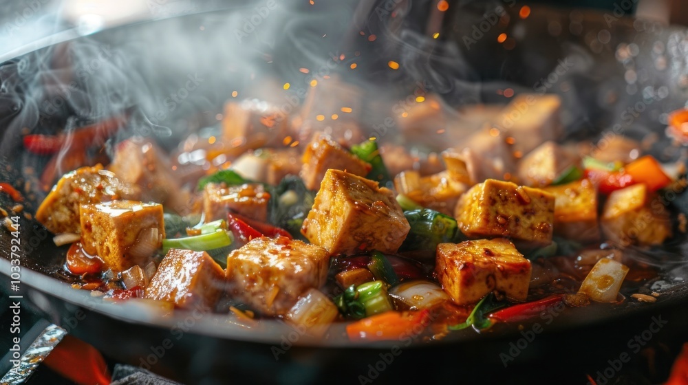 Sizzling wok cooked vegetables in a vibrant display of colors flavors and aromas capturing the essence of Asian cuisine Sizzling wok cooked vegetables in a vibrant display of colors flavors and aromas capturing the essence of Asian cuisine