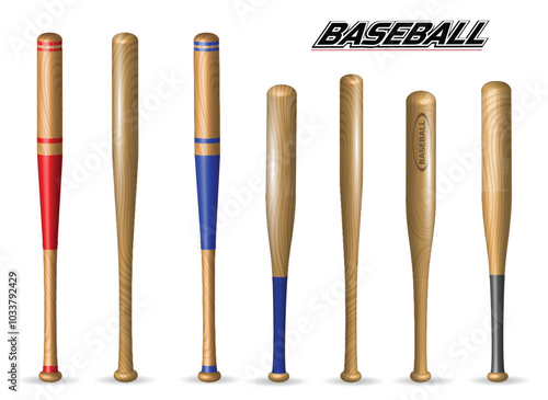 Set illustration of seven wooden baseball bats, each with a unique design. Some bats display natural wood grain, while others feature painted sections in red, blue, or black. The collection highlights
