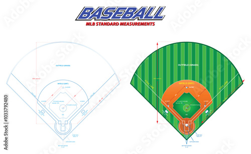Set illustration of an MLB-standard baseball field layout, including both a technical blueprint and a colored diagram. The diagram illustrates essential measurements and dimensions, such as the