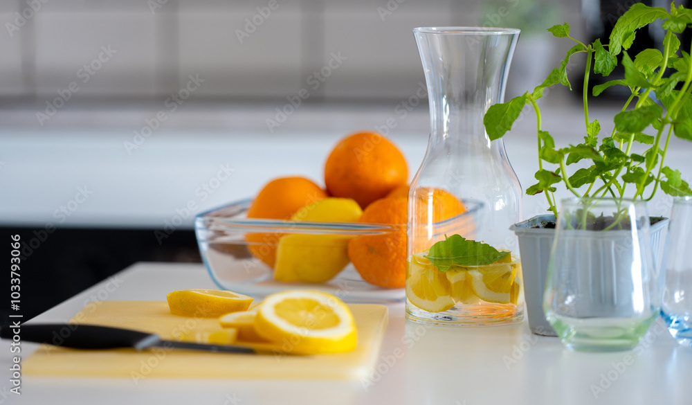 Fototapeta premium Preparing Homemade Lemonade From Lemons And Oranges Is A Refreshing Activity