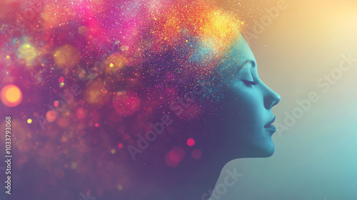 A 2D illustration depicting a dreamlike, motivational scene. The image shows a person immersed in an imaginary world, surrounded by colorful particles and surreal elements. The ethereal atmosphere evo