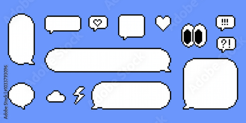 Pixel empty speech bubbles set. Y2k pixelated shape for chat, text message, dialog, conversation frame. 8 bit retro game style dialogue box, icons. Editable vector elements. Trendy stickers
