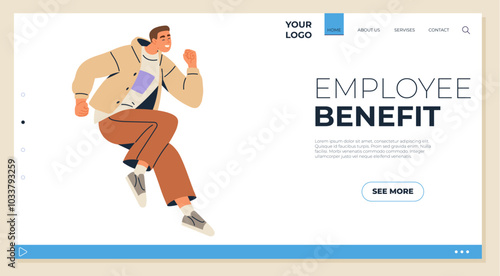 A happy businessman jumps in excitement next to the words Employee Benefit with additional details and a See More button. Ideal for business, employee perks, HR, workplace incentives, corporate