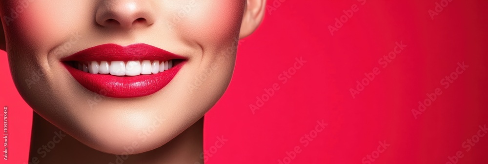 A young woman displays a radiant smile with plump lips, showcasing the results of cosmetic procedures on a bright background. Generative AI A young woman displays a radiant smile with plump lips, showcasing the results of cosmetic procedures on a bright background. Generative AI