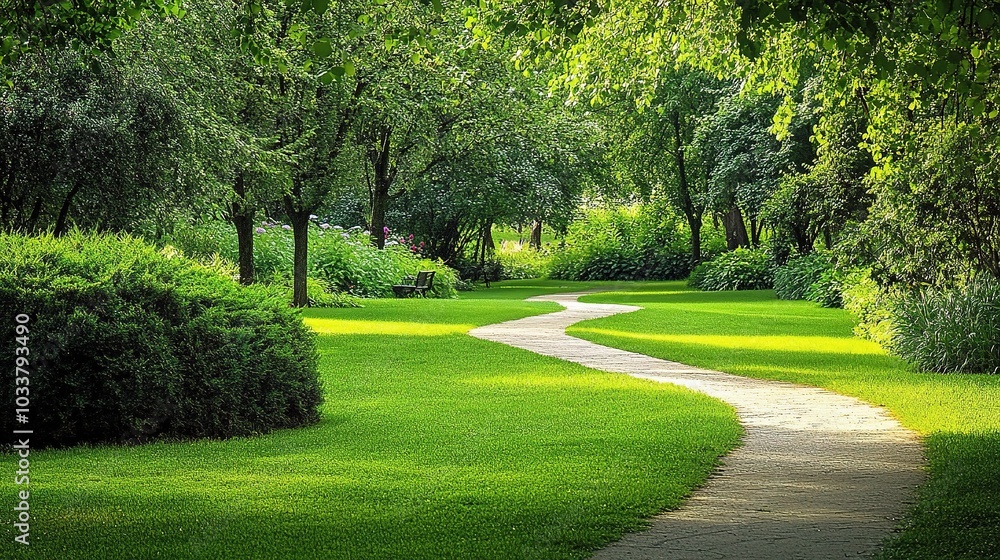 Serene Garden Pathway in Vibrant Green Landscape Serene Garden Pathway in Vibrant Green Landscape