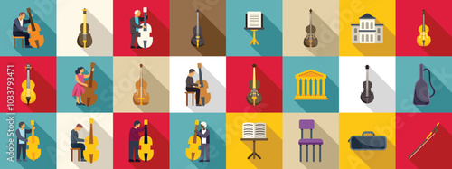 Contrabass icons set. This set features musicians playing and holding a contrabass, in a variety of situations