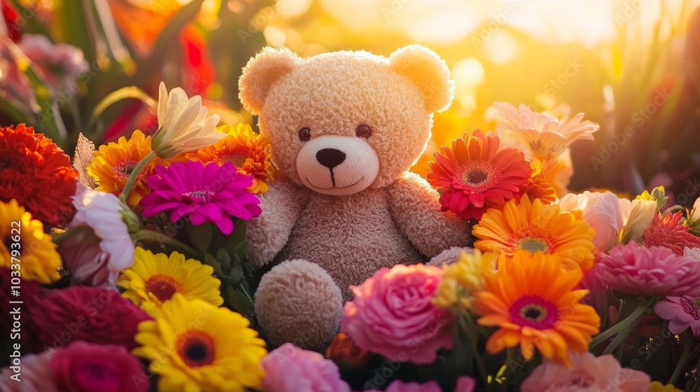 Teddy bear sits among vibrant flowers as the sun shines in the background, evoking feelings of joy, companionship, and warmth Teddy bear sits among vibrant flowers as the sun shines in the background, evoking feelings of joy, companionship, and warmth
