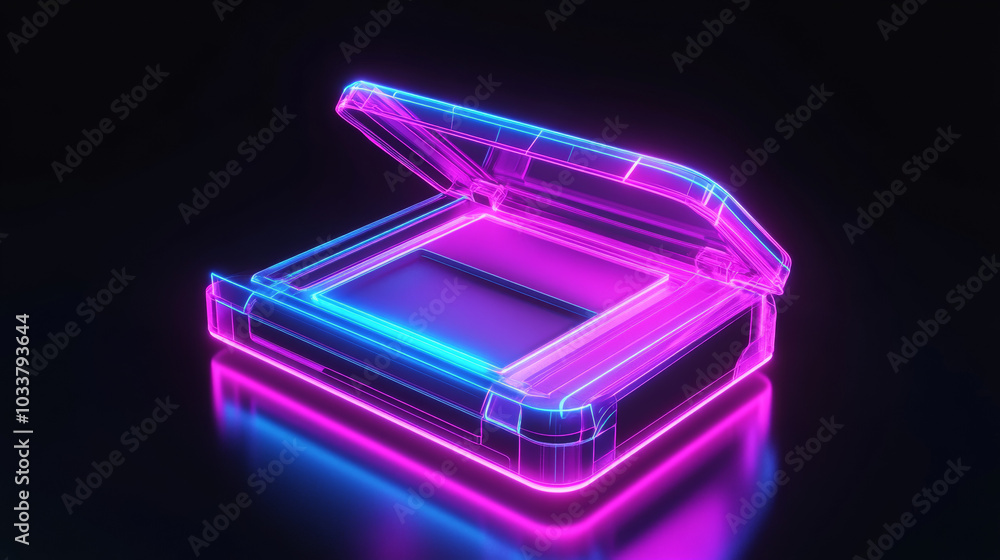 A 3D render of a techno neon purple and blue glowing outline of an open printer scanner, set against a black background. The design features a glossy reflection on the floor, enhancing the futuristic A 3D render of a techno neon purple and blue glowing outline of an open printer scanner, set against a black background. The design features a glossy reflection on the floor, enhancing the futuristic