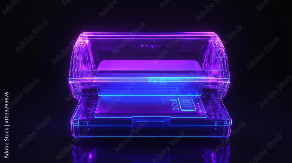 A 3D render of a techno neon purple and blue glowing outline of an open printer scanner, set against a black background. The design features a glossy reflection on the floor, enhancing the futuristic A 3D render of a techno neon purple and blue glowing outline of an open printer scanner, set against a black background. The design features a glossy reflection on the floor, enhancing the futuristic