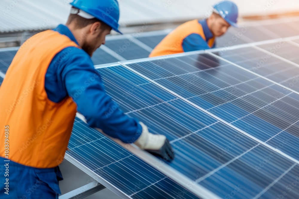 Workers Installing Solar Panels on Rooftop Workers Installing Solar Panels on Rooftop