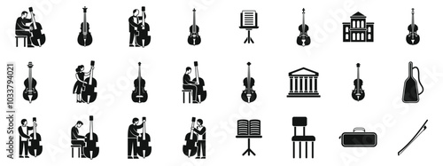 Contrabass icons set. Musicians playing and learning contrabass instruments icons set. Simple set of musicians playing and learning contrabass instruments vector icons for web design