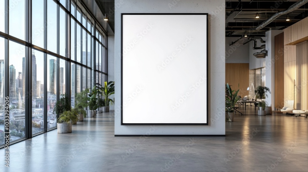 Modern office space with large white billboard centered, concrete floor, potted plants, city skyline view, and bright natural lighting. Modern office space with large white billboard centered, concrete floor, potted plants, city skyline view, and bright natural lighting.