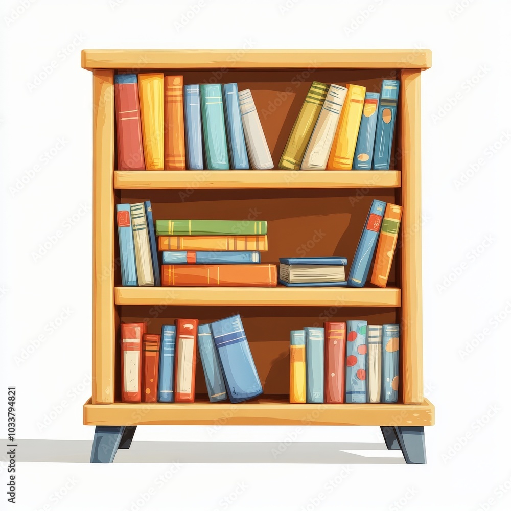 Colorful Books Neatly Arranged on a Wooden Bookshelf with Minimalist Design