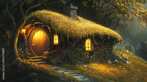 A charming hobbit house adorned in gold, nestled in a grassy landscape. The small home is crafted from natural elements like grass and branches, with the porch sparkling in shiny golden sequins. Epic  photo