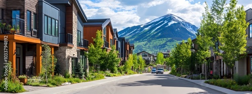 A photo of the main street in front of luxury townhouses in the mountains