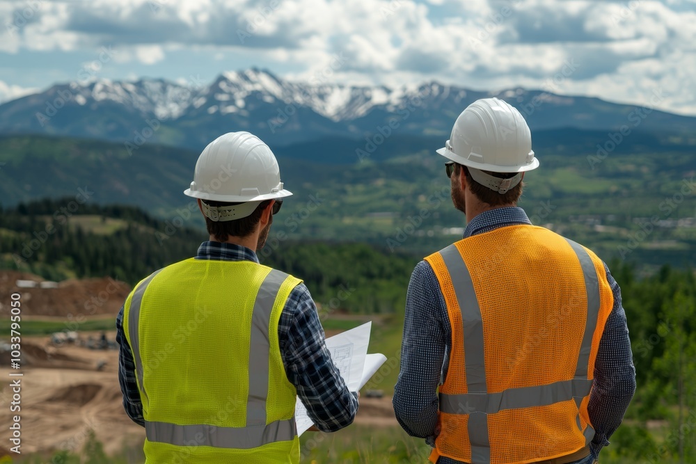 Engineers Overlooking Mountainous Construction Site