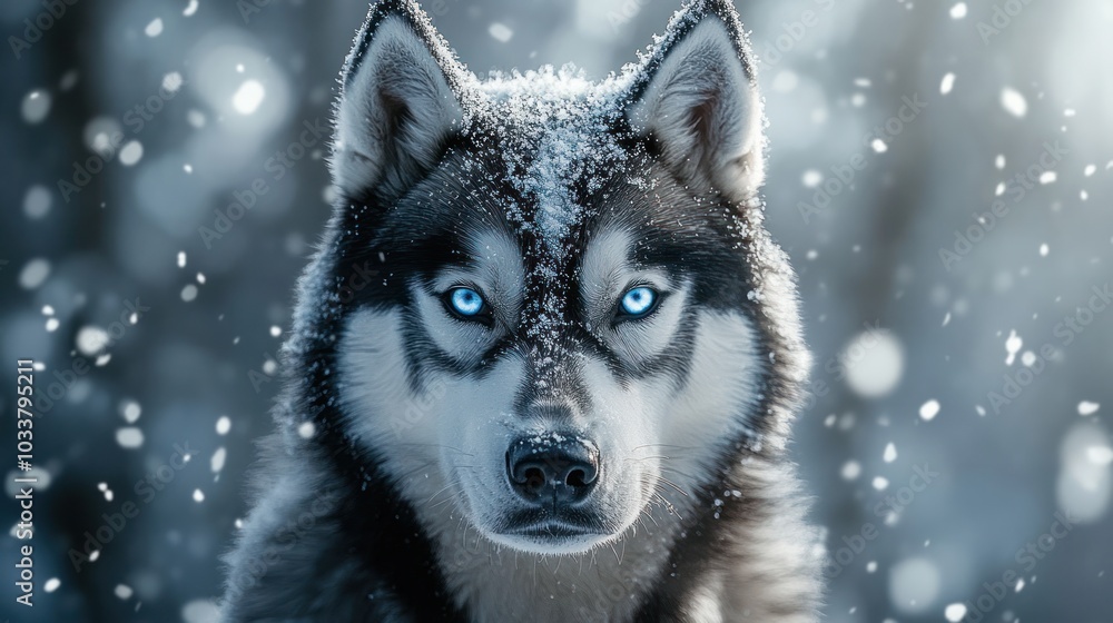portrait of a Siberian husky with intense blue eyes, its fur coated in snowflakes The background features a soft, portrait of a Siberian husky with intense blue eyes, its fur coated in snowflakes The background features a soft,
