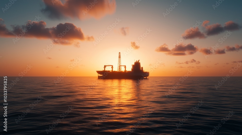 Offshore Oil Rig Silhouette at Sunset Over Calm Ocean Offshore Oil Rig Silhouette at Sunset Over Calm Ocean