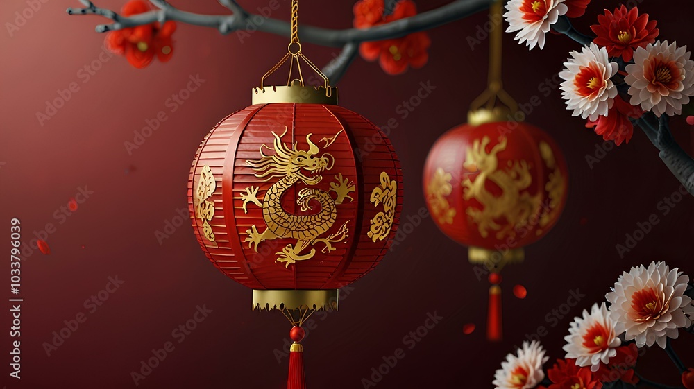 Happy chinese new year, year of the dragon zodiac sign hanging beautiful lantern and flowers on red background. Copy space. Happy chinese new year, year of the dragon zodiac sign hanging beautiful lantern and flowers on red background. Copy space.