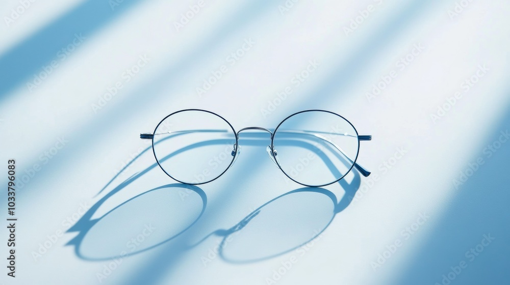 A pair of glasses is sitting on a table in the sunlight A pair of glasses is sitting on a table in the sunlight