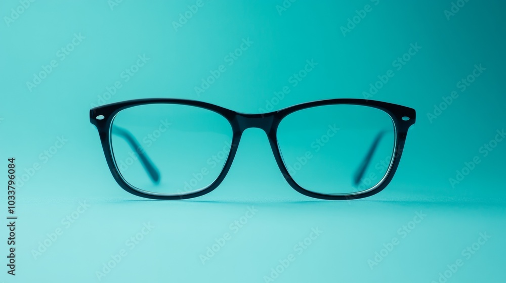 A pair of black eyeglasses with a blue background A pair of black eyeglasses with a blue background