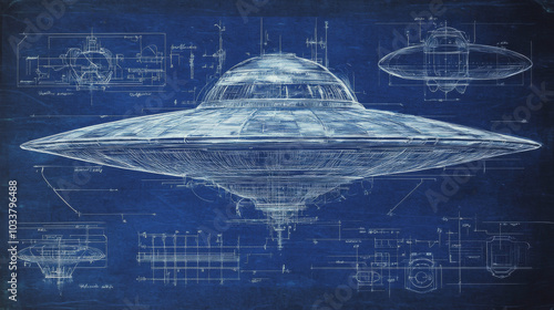 Fototapeta Naklejka Na Ścianę i Meble -  Blueprint sketch of an alien spaceship, also known as a flying saucer, featuring detailed outlines, dimensions, and technical specifications. The drawing is rendered in pencil on dark blue paper, emph