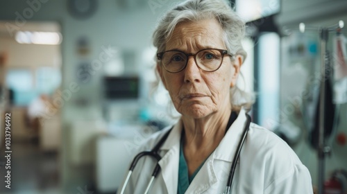 A woman wearing a white lab coat and glasses is standing in a hospital room