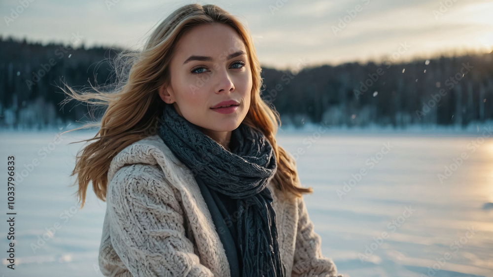a woman in a scarf stands in front of a frozen lake. a woman in a scarf stands in front of a frozen lake.
