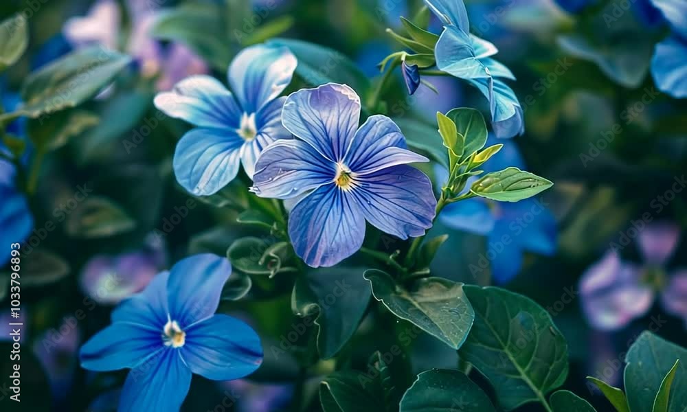 Close up of a blue flower with green leaves. Close up of a blue flower with green leaves.