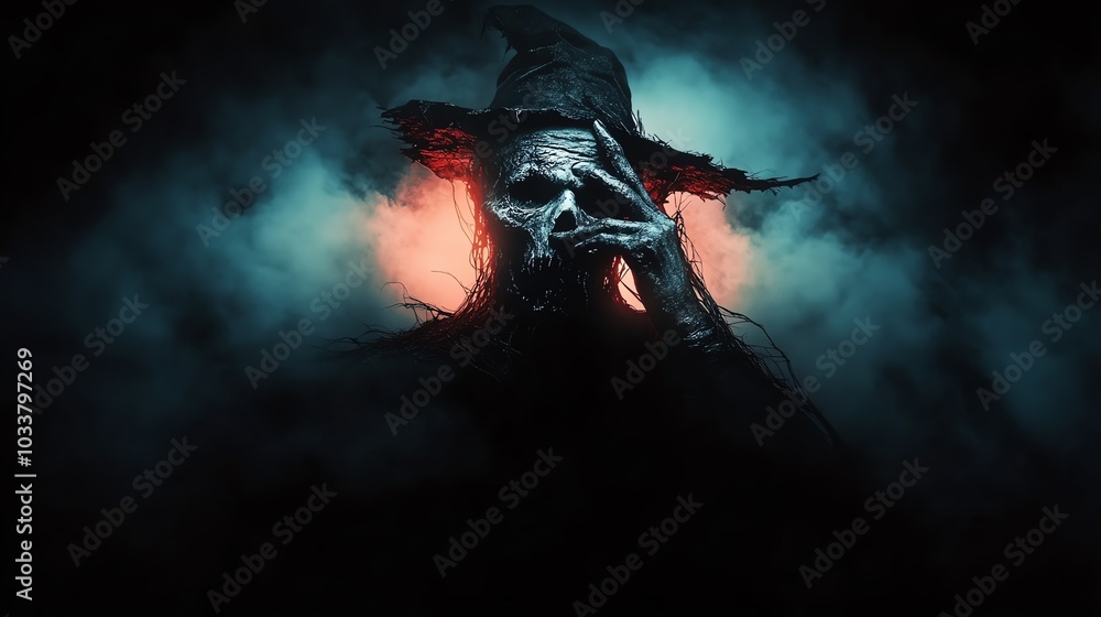 Fototapeta premium Mysterious figure in dark, hooded cloak with an eerie atmosphere.