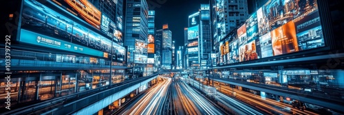 Night view of bustling Hong Kong city street with tall buildings, bright lights, and train tracks, capturing vibrant atmosphere.