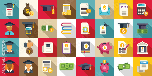Student loan icons set. This vector illustration set includes concepts such as student loan, scholarship, education funding, and tuition fee