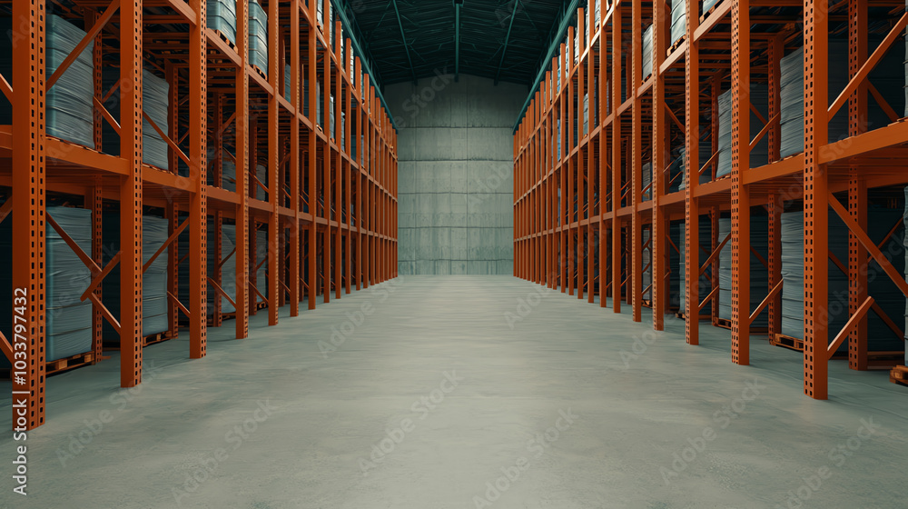 Fototapeta premium Spacious warehouse layout, large inventory racks, clean and organized, 3D illustration