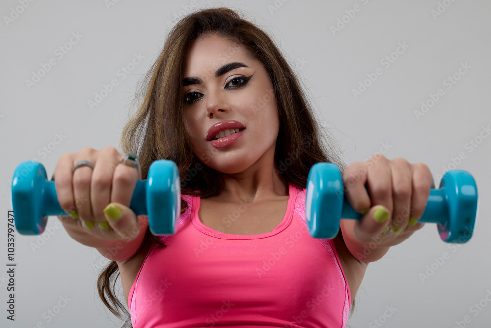 beautiful woman working out with dumbbells, isolated on gray background beautiful woman working out with dumbbells, isolated on gray background