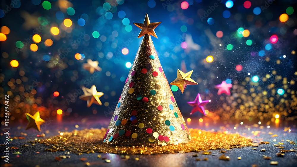 Glittered Party Hat with Confetti and Stars for Festive Celebration. Perfect for: New Year's Eve, Birthday Parties, Holiday Events Glittered Party Hat with Confetti and Stars for Festive Celebration. Perfect for: New Year's Eve, Birthday Parties, Holiday Events