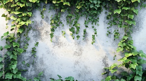 Closeup of a small urban forest with lush green leaves against concrete walls, white background
