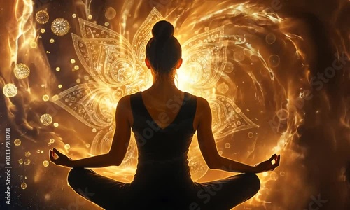 A woman meditates in a golden vortex that turns into a mandala.