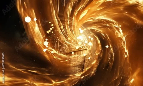 A spiral of golden light on the background of space, which turns into a tunnel.