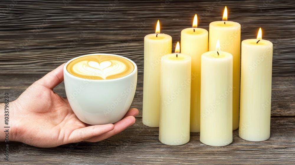 Cozy Morning Coffee with Candles on Rustic Wooden Table Cozy Morning Coffee with Candles on Rustic Wooden Table