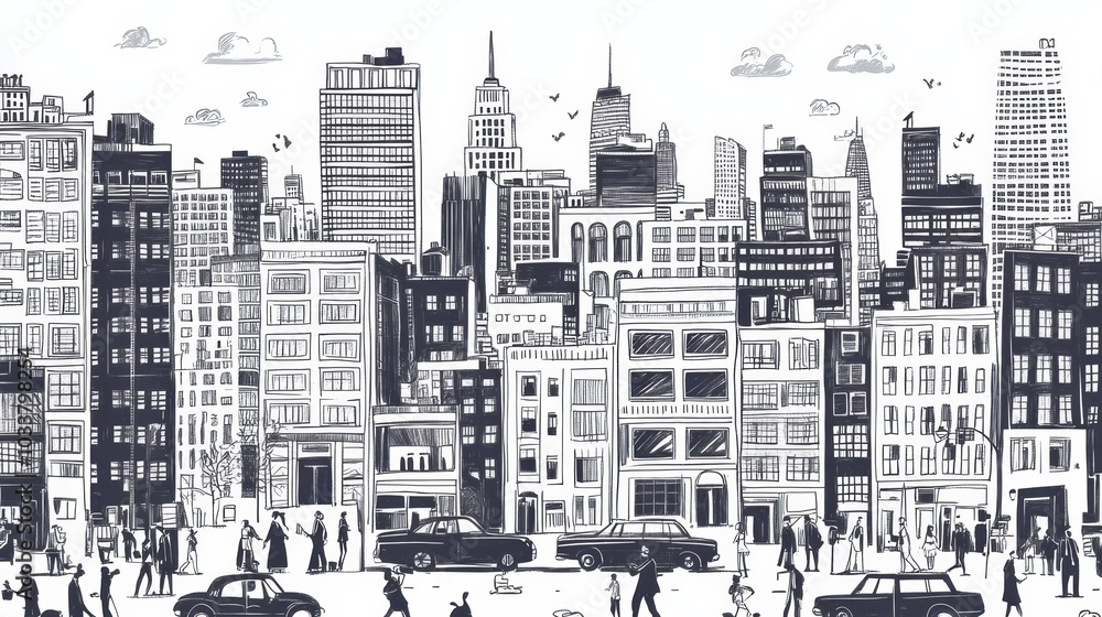 A vibrant street filled with hand-drawn buildings, cars, and people captures the essence of urban life in a lively city. Generative AI A vibrant street filled with hand-drawn buildings, cars, and people captures the essence of urban life in a lively city. Generative AI