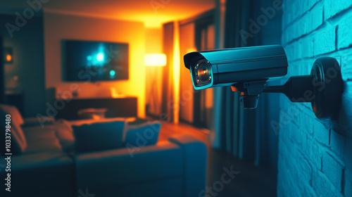  Illustrate a CCTV camera installed on a wall, capturing a burglar in the act of stealing items from a house.