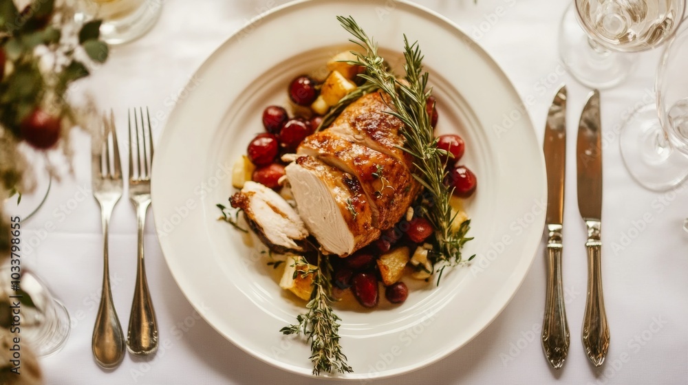 A plate of food with a piece of chicken and some grapes on top A plate of food with a piece of chicken and some grapes on top