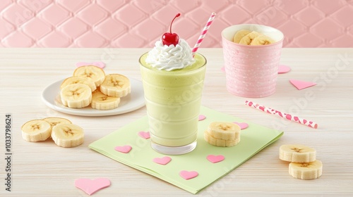 Delectable Banana Milkshake with Whipped Cream and Cherry Garnish on Pastel Background photo