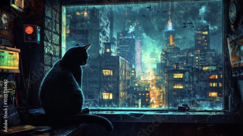 Intricate digital painting cat burglar infiltrating illuminated highrise