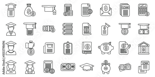 Student loan icons set. Line icons showing students paying for their education, student loans, tuition, and financing education
