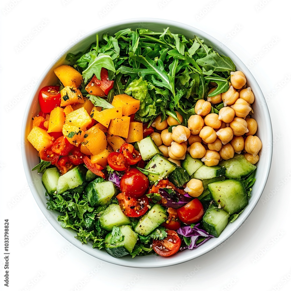 top lay view of Bowl of Vegan salad with chickpea isolated on white background top lay view of Bowl of Vegan salad with chickpea isolated on white background